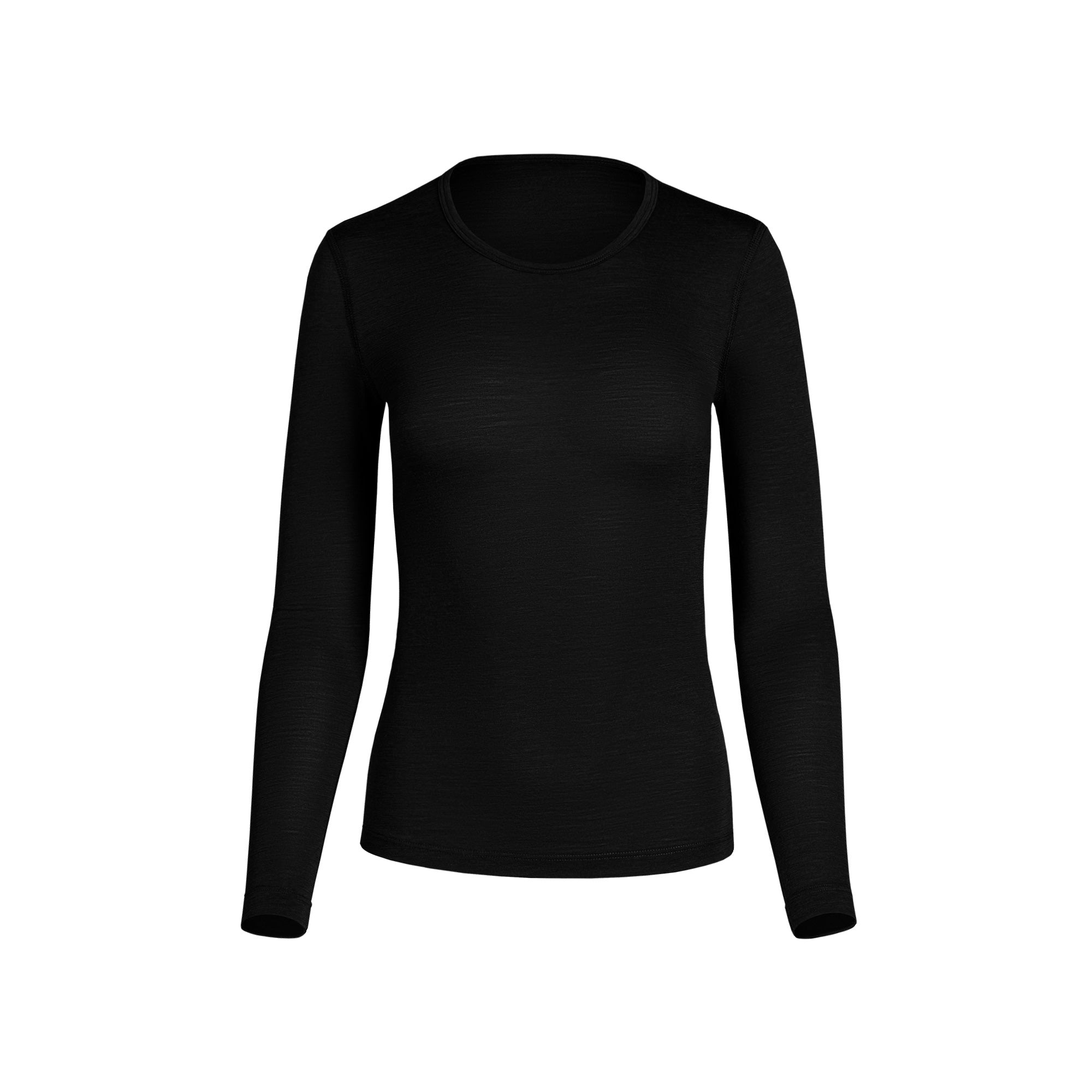 Camiseta interior negra de manga larga de lana merina mostrada sobre un fondo blanco, con un cuello redondo clásico, tejido térmico ligero y una silueta estilizada ideal para usar en capas durante el frío y para todo el año.