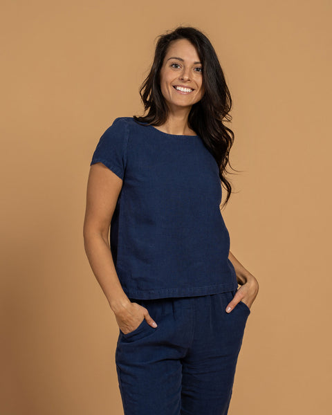 Camiseta de manga corta de lino Emma Azul Tormenta