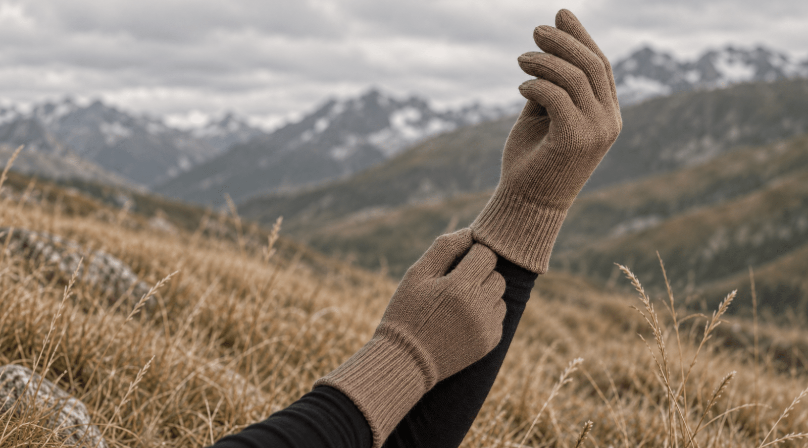 Mujer al aire libre sosteniendo sus manos con guantes de lana merina de punto en color beige cremoso.