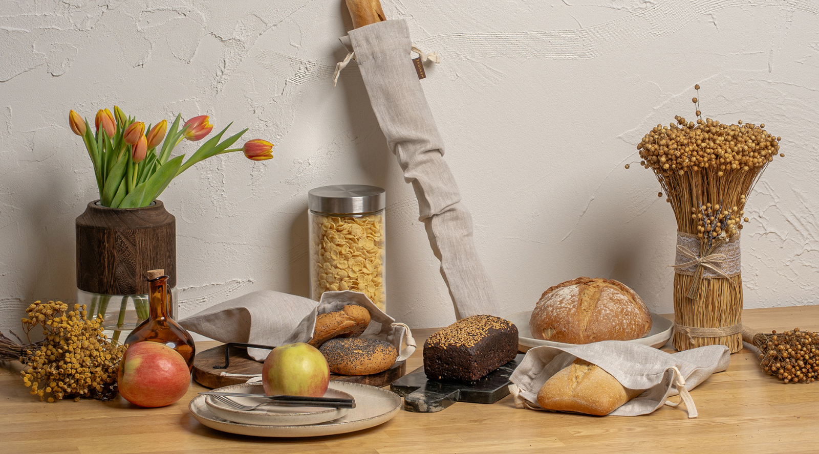 kitchen collection of Linen towels, bags, aprons and more