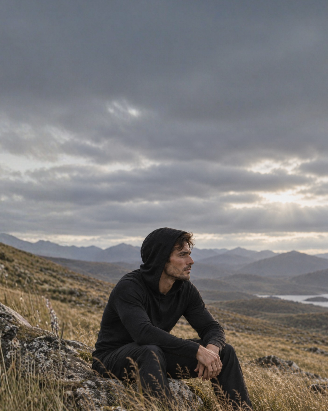 A man wearing a black hooded long-sleeved shirt sits on a rocky, grass-covered hillside while looking off into the distance. The vast landscape behind him features rolling mountains, a distant body of water, and sun rays breaking through a heavily clouded sky.