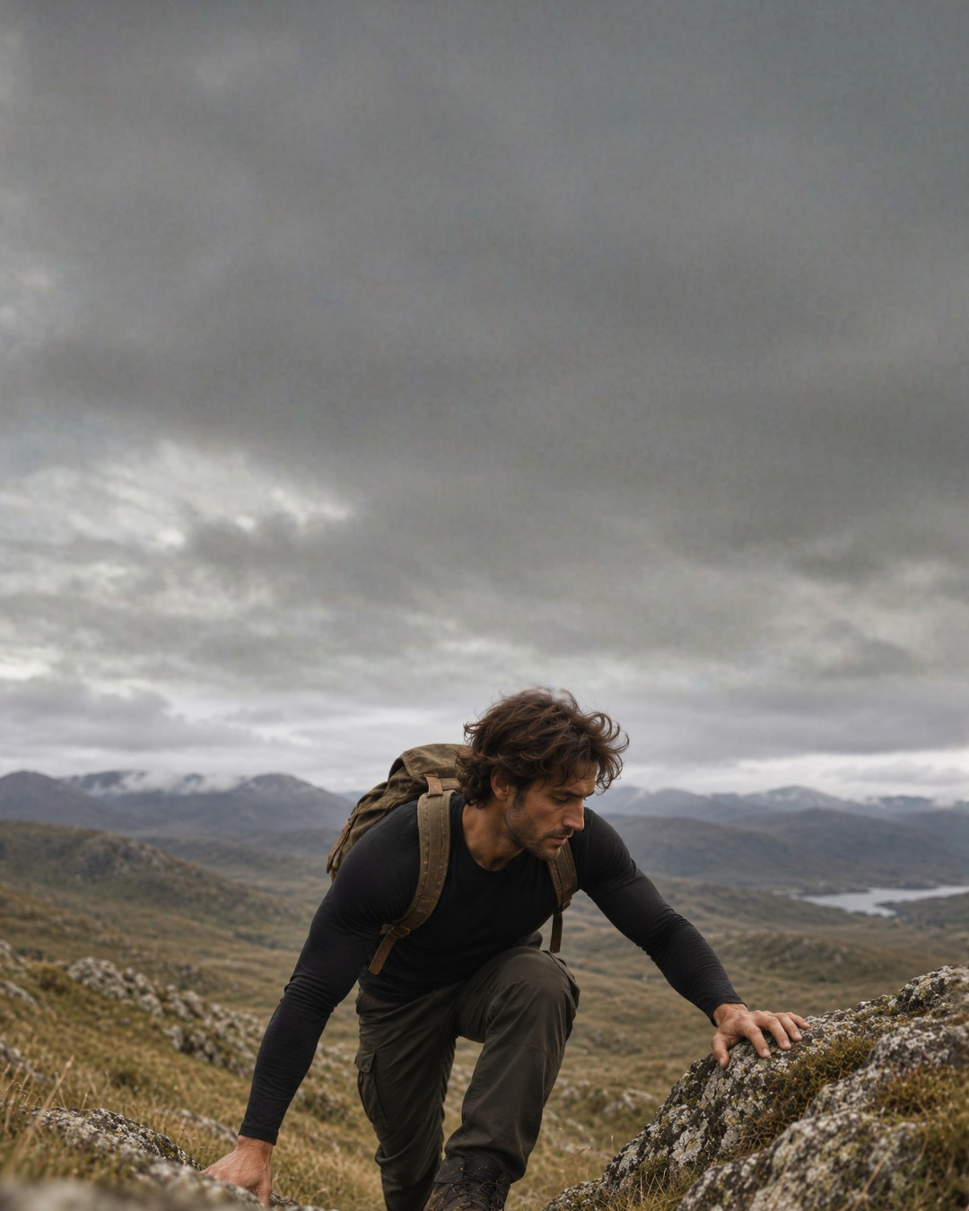A man wearing a black long-sleeved shirt and a tan backpack climbs a steep, rocky hillside. The scene is set under a vast, moody sky with rolling hills and a distant lake visible.