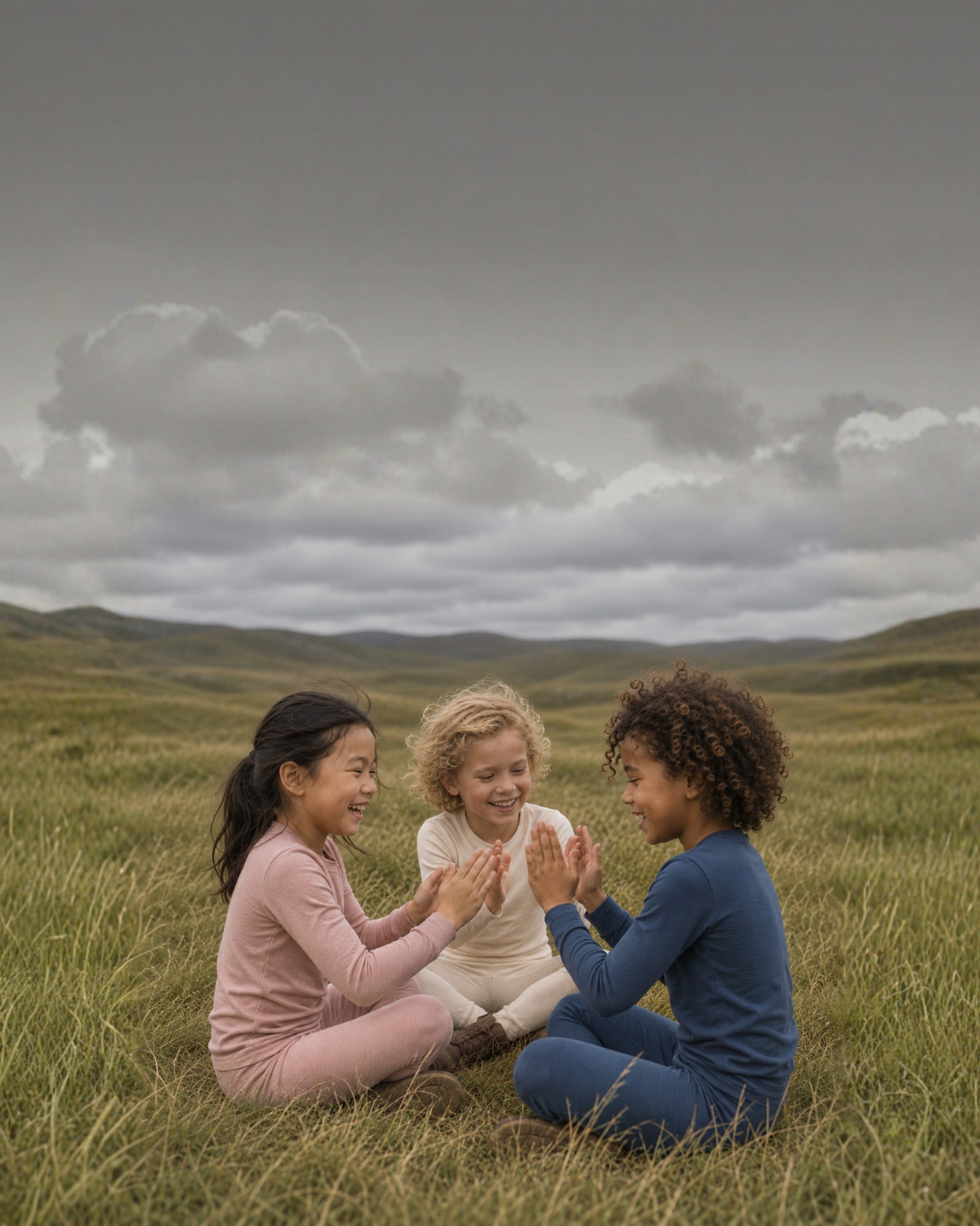Three laughing children sit facing each other in a vast, grassy landscape under a cloudy sky. Dressed in pink, cream, and blue thermal sets, they are joyfully playing a hand-clapping game together.