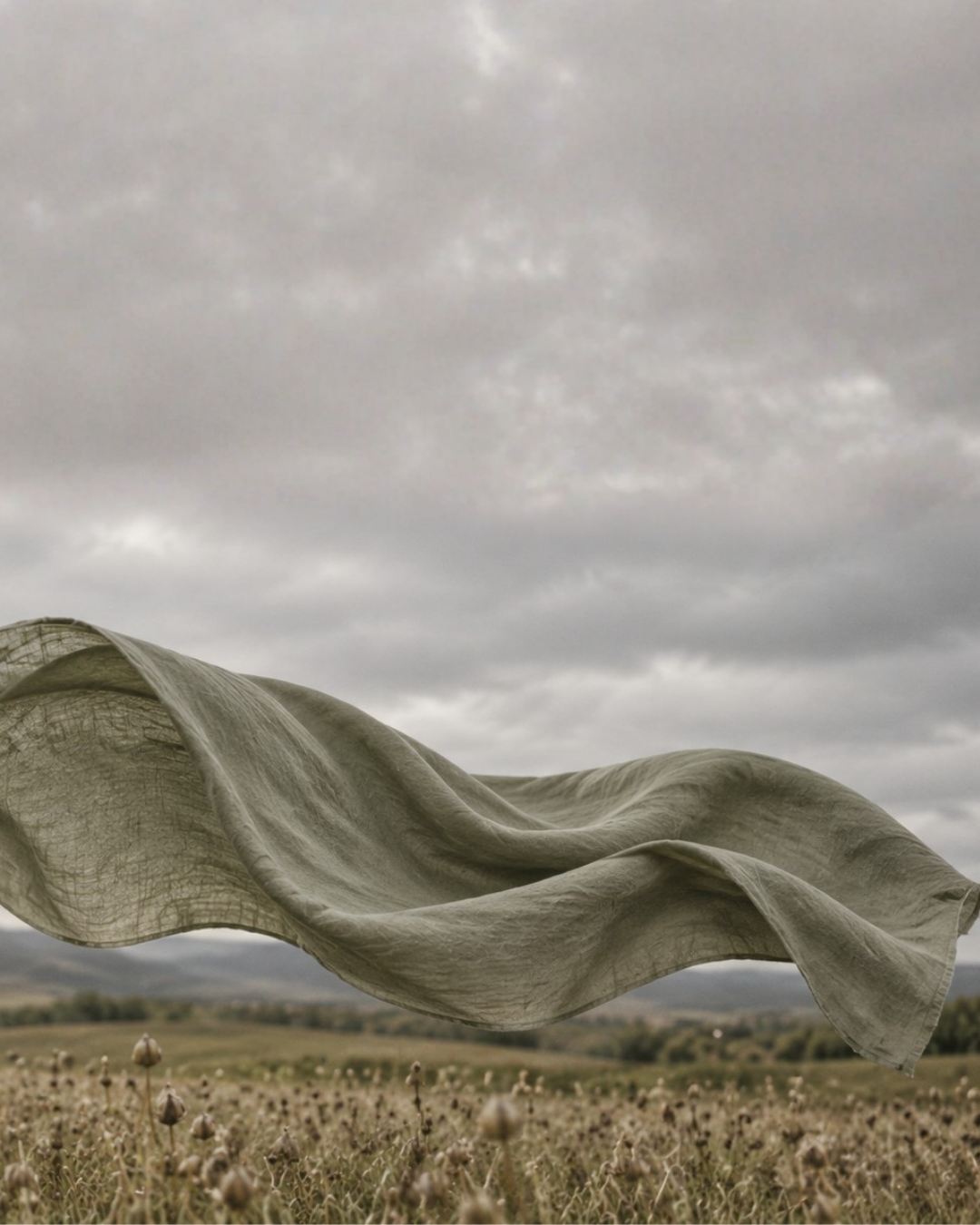 A piece of sage green linen fabric blowing gracefully in the wind above a field of flax, with a cloudy sky and hills in the background.