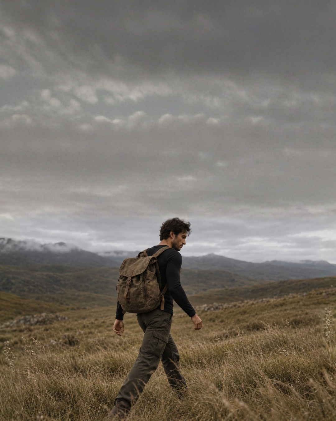 A man wearing a black long-sleeved shirt and green cargo pants walks through a grassy field with a canvas backpack. Distant mountains and a cloudy gray sky fill the background.