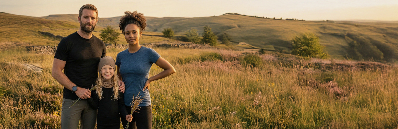 A family of three standing together in a sunlit field of tall grass. From left to right: a bearded man wearing a black t-shirt and grey pants, a smiling blonde child in a black outfit and light brown beanie holding sprigs of grass, and a woman with dark curly hair tied back wearing a blue t-shirt and black pants. They are looking toward the camera with rolling hills and a low stone wall in the background during golden hour.