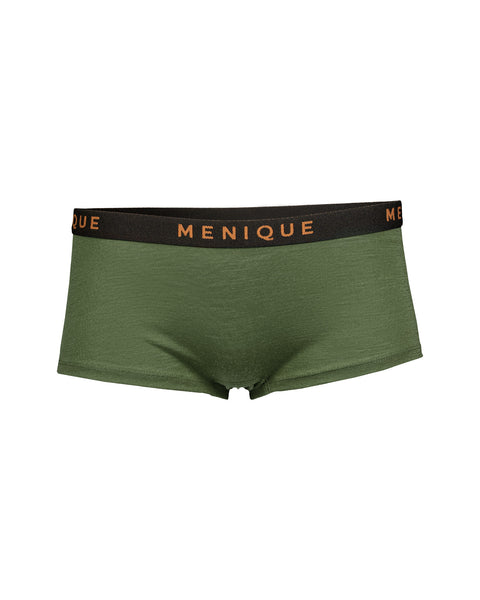 los calzoncillos bóxer cortos de merino para mujer en color verde oscuro.