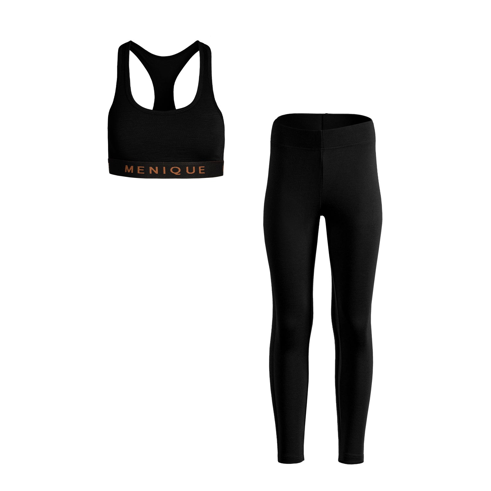 El sujetador deportivo para mujer de menique en lana merina de 160 g/m² y los leggings en tejido de 250 g/m², color negro.