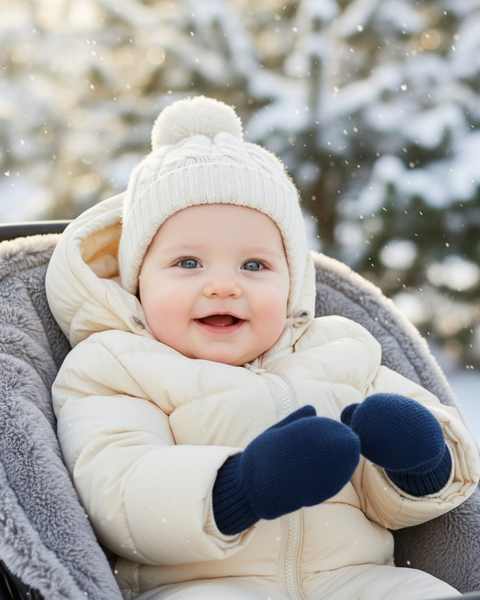 Un bebé sonriente con un mono de nieve color crema y un gorro blanco de punto con pompón, sentado al aire libre en un cochecito en un día nevado, con manoplas azul marino.