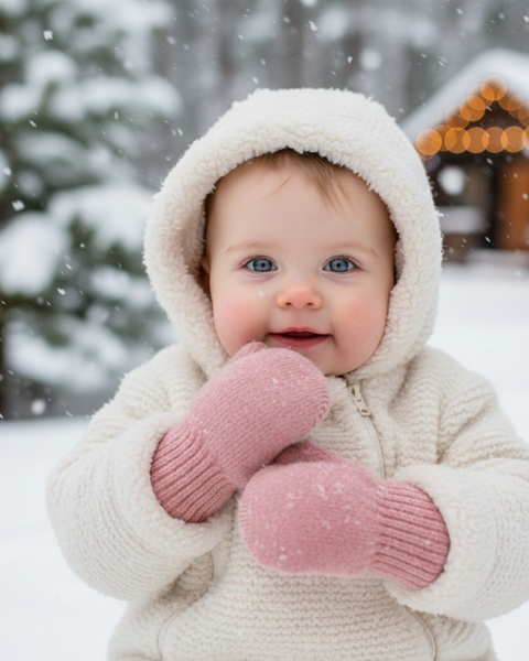 Un bebé con una cómoda chaqueta con capucha color crema, de pie afuera en la nieve, sonriendo y usando manoplas tejidas rosas.