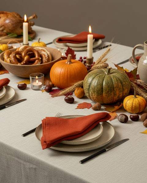 Mesa de cena otoñal con mantel de lino beige, servilletas de lino rojo canela, calabazas, hojas de otoño y decoraciones de la cosecha de temporada.