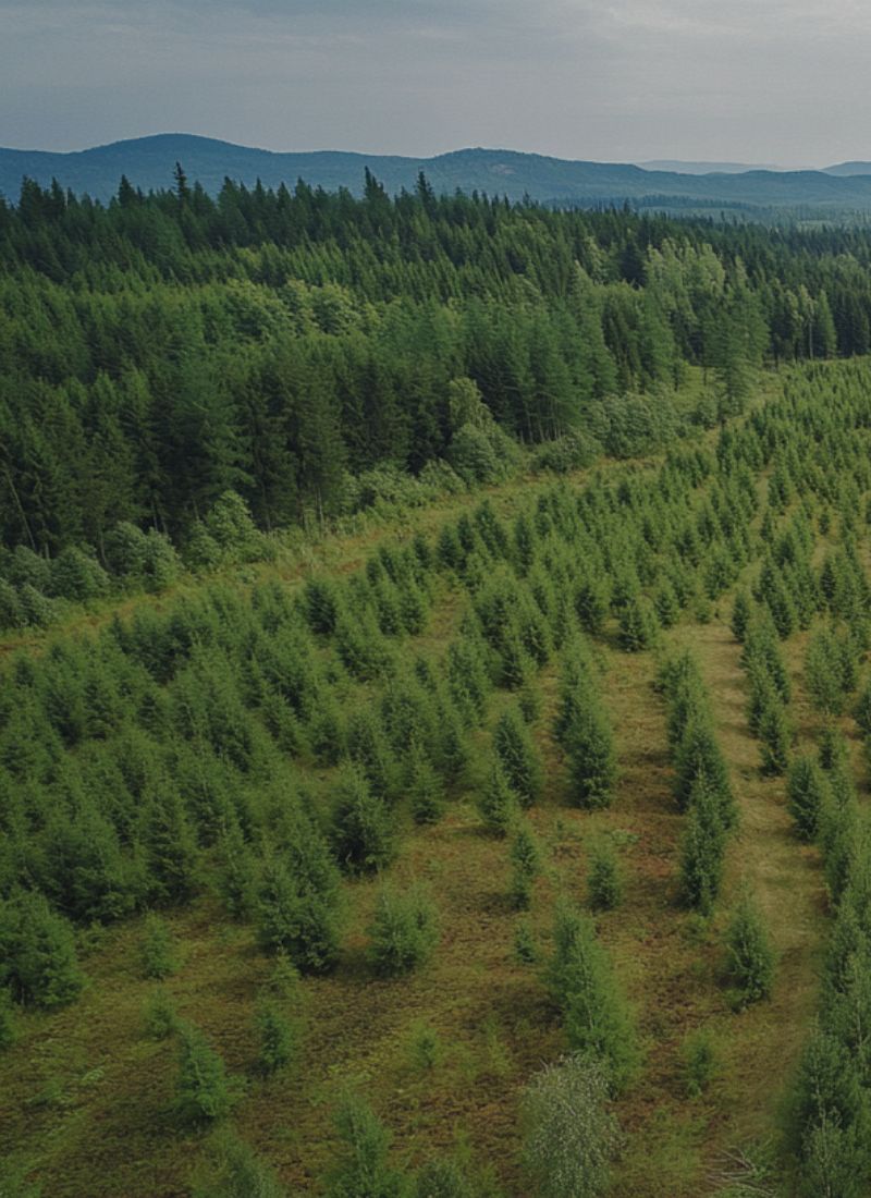 A high-angle photograph shows extensive rows of young conifer saplings growing in a field in the foreground. Behind the plantation is a massive, dense forest of mature trees that leads into rolling blue hills under an overcast sky.