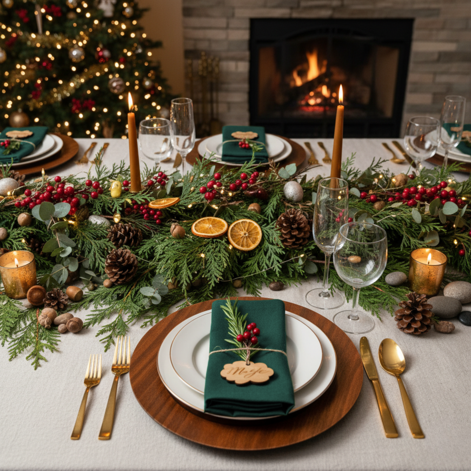 Mesa elegante con mantel de lino natural y servilleta de lino, camino de mesa azul cobalto.