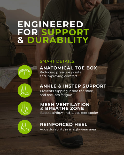 Persona sentada al aire libre con botas de senderismo, rodeada de texto que destaca las características del calzado.