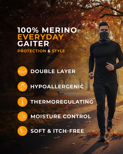 Man running through an autumn park wearing a dark merino neck gaiter; overlay text: “100% Merino Everyday Gaiter—Protection &amp; Style: double layer, hypoallergenic, thermoregulating, moisture control, soft &amp; itch-free.”
