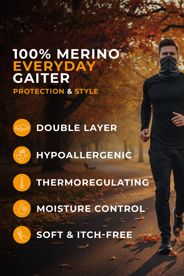 Hombre corriendo por un parque otoñal con un braga de cuello de merino oscuro; texto superpuesto: “Braga diaria 100% Merino—Protección y Estilo: doble capa, hipoalergénica, termorreguladora, control de humedad, suave y sin picor.”
