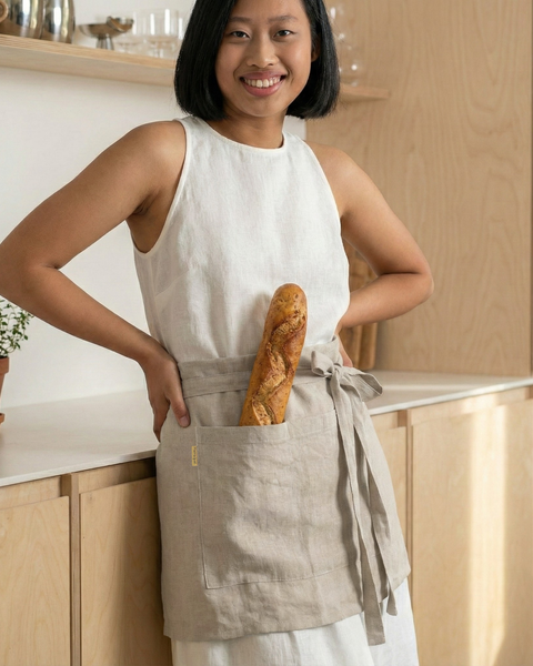 Mujer con un delantal corto de lino natural con bolsillo delantero, sosteniendo una baguette en una cocina luminosa y minimalista.