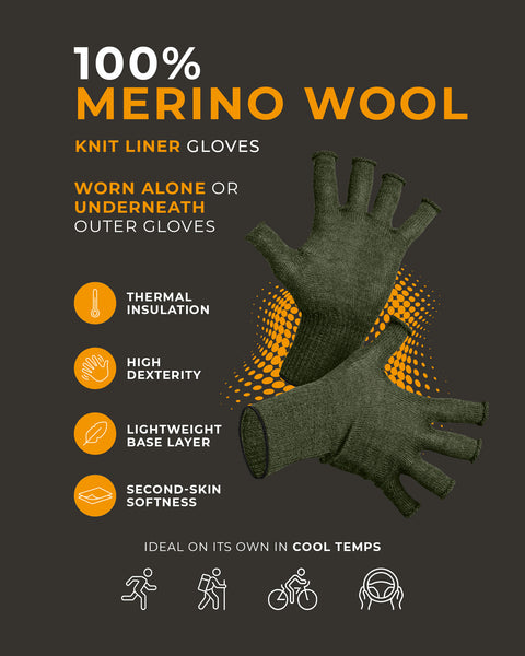 Par de guantes interiores de punto verde 100 % lana merina, mostrados extendidos, diseñados para aislamiento térmico, alta destreza, capa base ligera y suavidad como una segunda piel cuando se usan solos o bajo guantes exteriores.