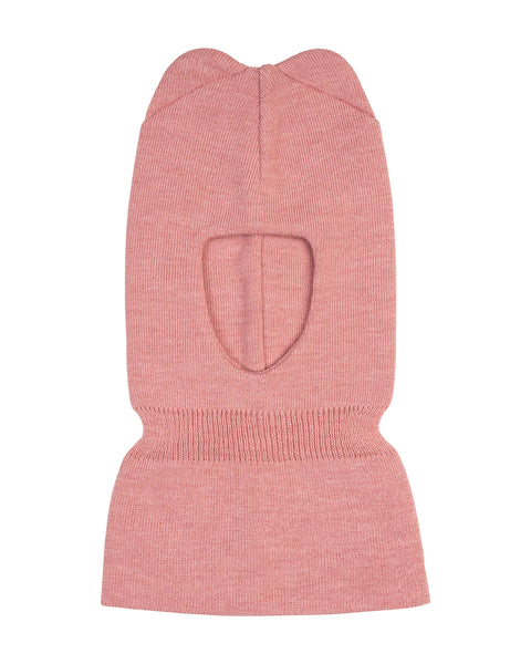 The menique kids' knit merino balaclava with ears in pink color, in a white background.
