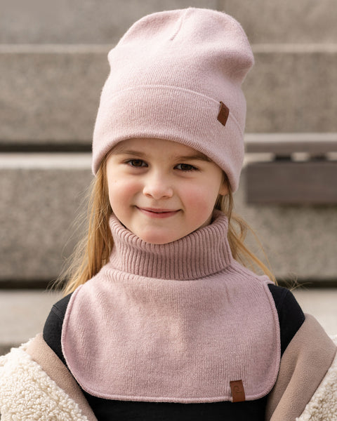 Niño con dickie y gorro de punto de lana merina color rosa empolvado, suave calentador térmico para el cuello para el invierno