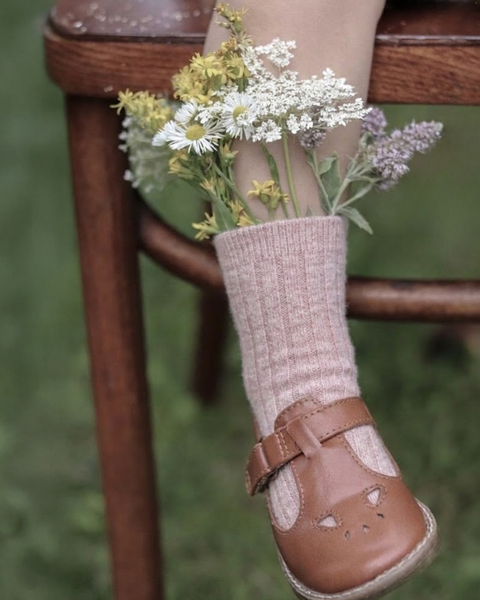 Kids pink ribbed crew socks soft breathable fabric with leather shoes and floral detail
