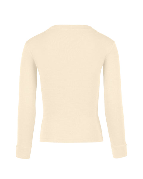 Back view of the kids' menique merino 250gsm long sleeve top, in natural color, white background.