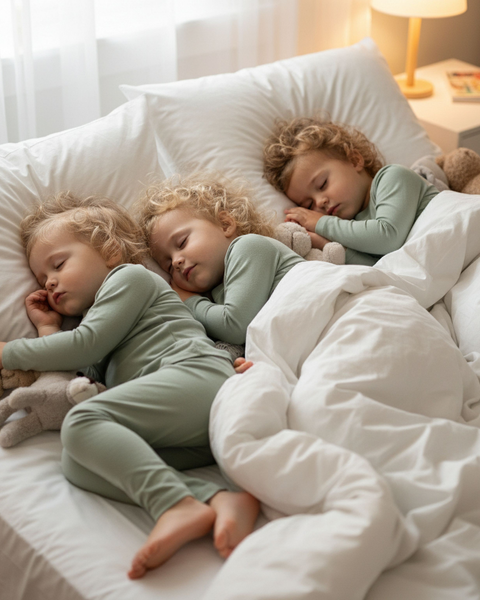 Tres niños pequeños con pijamas a juego de color verde claro duermen plácidamente uno al lado del otro en una cama blanca, cada uno sosteniendo un peluche, con la cálida luz de una lámpara iluminando la habitación.