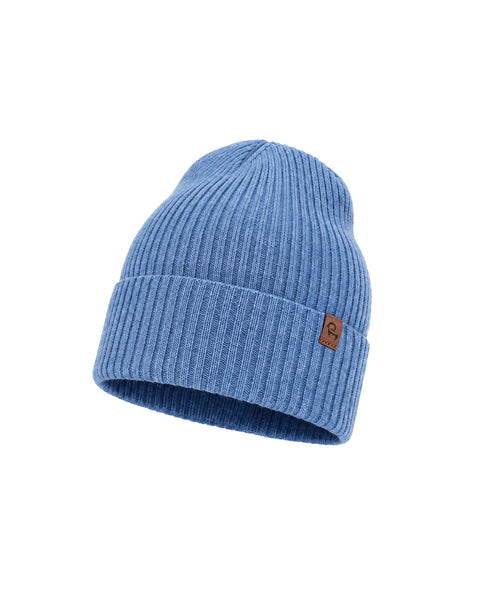 A light blue ribbed knit beanie featuring a folded brim with a small brown square logo tag on the side, displayed against a plain white background.