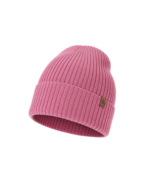 A pink mauve ribbed knit beanie featuring a folded brim with a small brown square logo tag on the side, displayed against a plain white background.