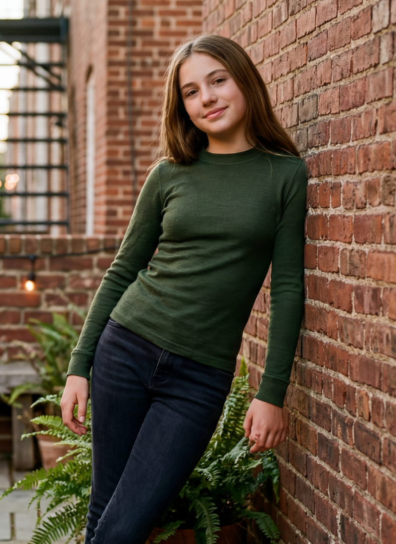 A teenage girl with long hair smiling gently while leaning against an outdoor brick wall. She is wearing a dark green long-sleeve shirt and dark blue jeans.