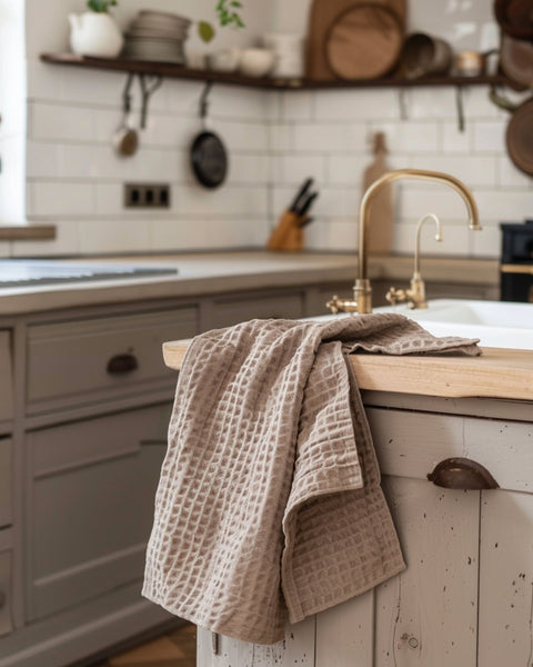 Paño de cocina de gofre en marrón arena