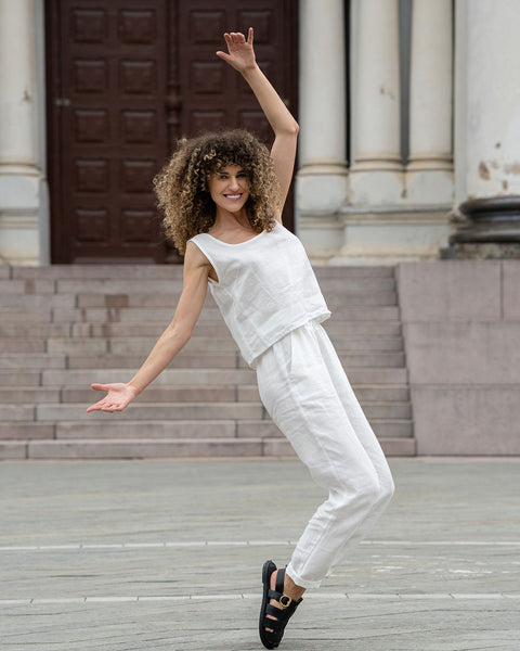 Conjunto a juego de lino de 2 piezas: top corto Ana y pantalones Dakota en blanco puro