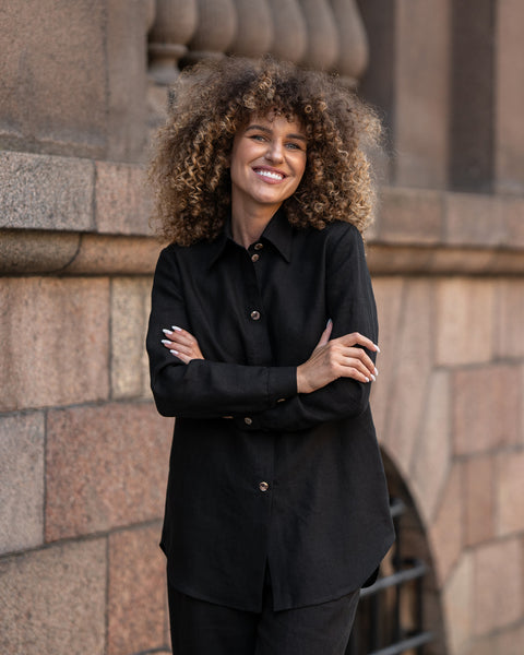 Camisa de lino y pantalones anchos conjunto de 2 piezas en negro puro