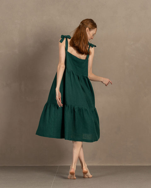 Vestido peto de lino con tirantes ajustables Uma verde oscuro
