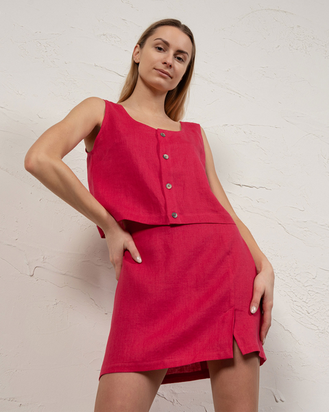 Conjunto de 2 piezas: blusa de lino con botones y minifalda en rosa intenso