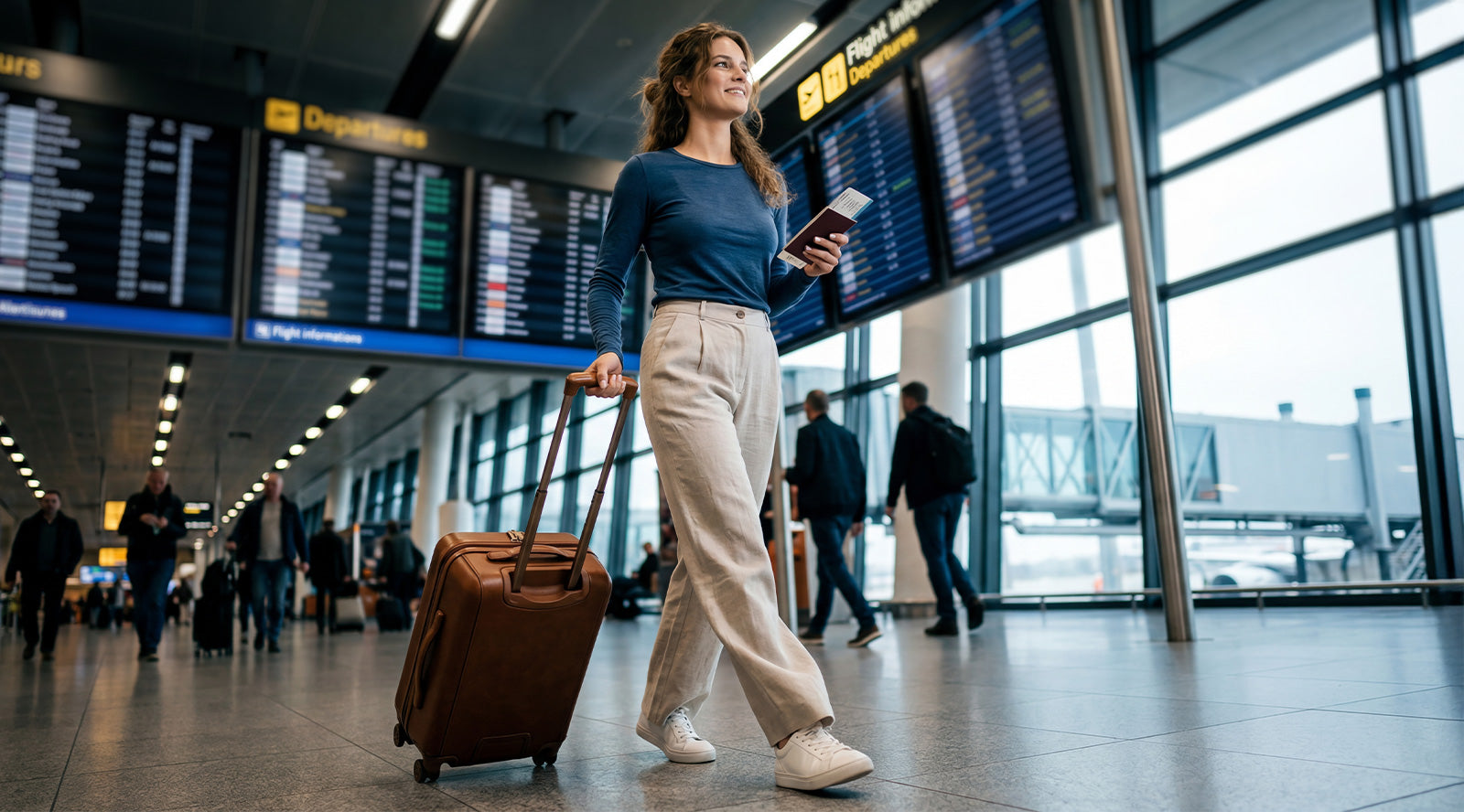 A woman pulling a brown rolling suitcase as she walks through a modern, glass-walled airport terminal or station.