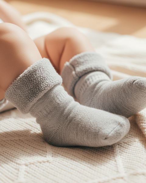 Bebé con cálidos calcetines de sherpa de merino gris y un conjunto blanco.