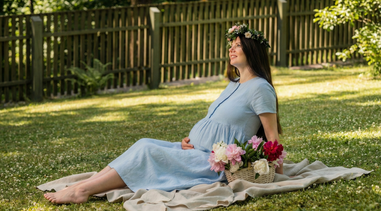 Una mujer embarazada está sentada sobre una manta en un jardín verde, vistiendo un vestido premamá de lino azul claro y una delicada corona de flores. Ella apoya suavemente su mano sobre su barriga mientras mira hacia arriba, con una cesta de flores frescas a su lado, creando una escena veraniega serena y alegre.