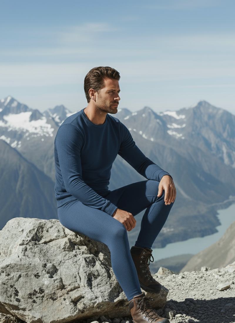 Man wearing a blue merino wool base layer sitting on a rock in the mountains, overlooking a scenic alpine landscape on a clear day.