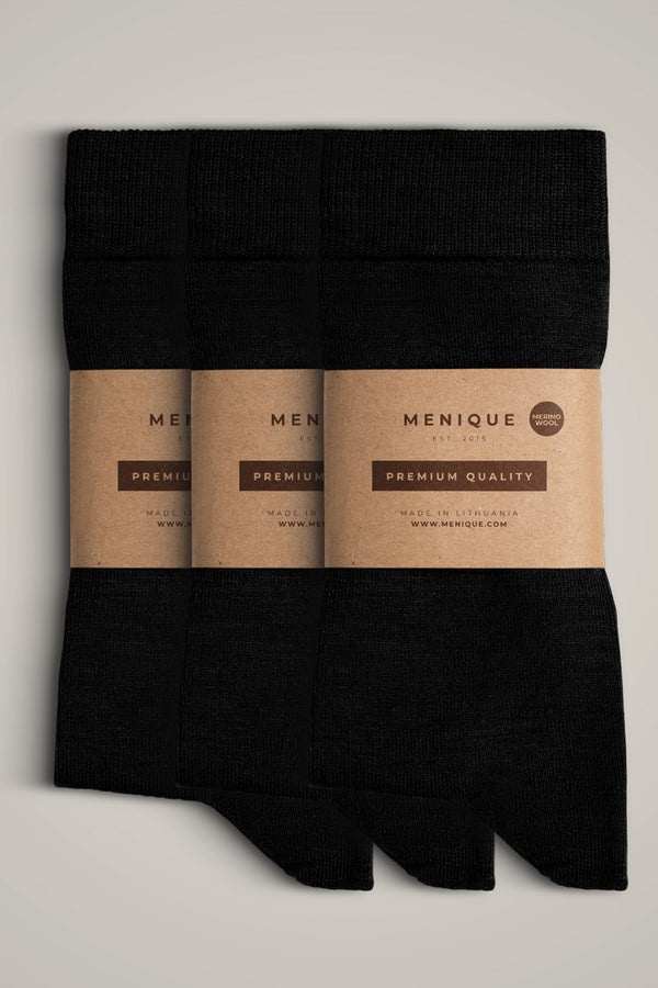 Pack de 3 pares de calcetines finos para hombre de lana merina en negro – calidad superior, reguladores de temperatura y sostenibles.