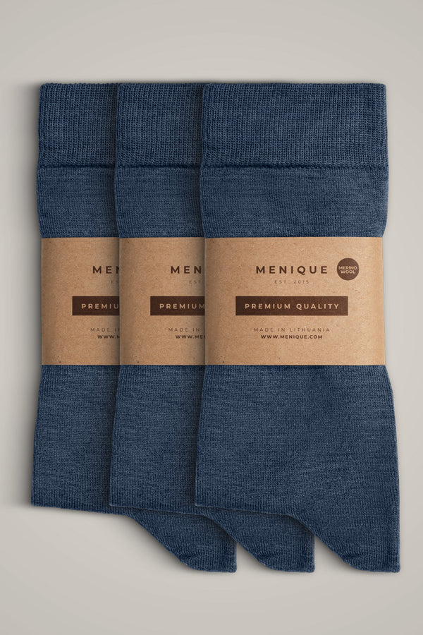 Calcetines finos de lana merina para hombre, paquete de 3 en azul: comodidad diaria transpirable, que absorbe la humedad y duradera.