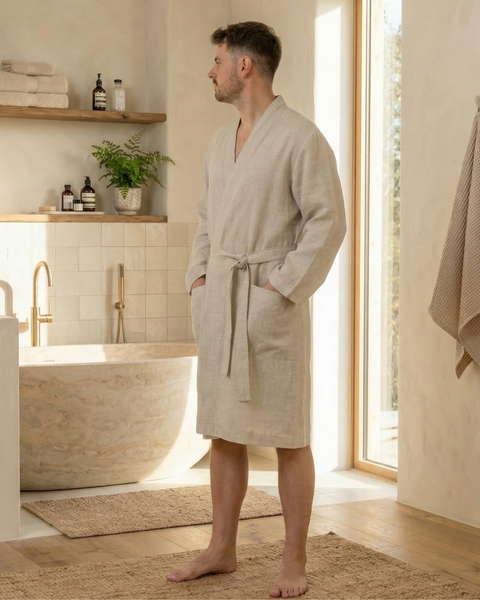 Man wearing natural linen bathrobe standing in a bright spa-style bathroom, lightweight breathable men’s linen robe with pockets and belt for morning routine, home comfort, and luxury linen loungewear.