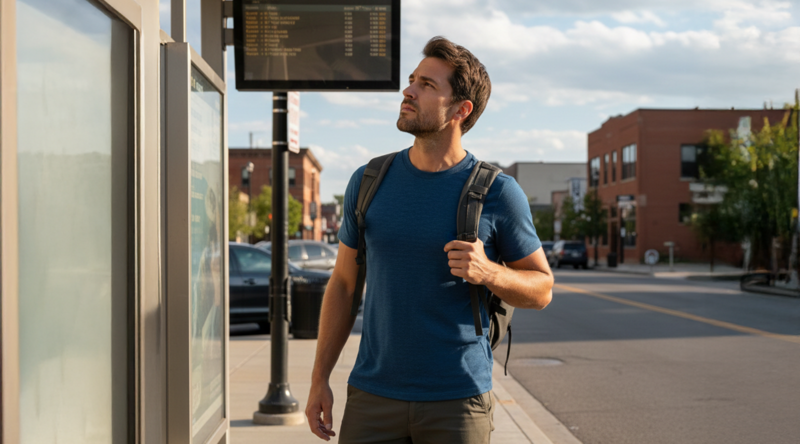 Man stands by a bus stop, looking up to check the displayed schedule. With his backpack on, man is waiting in the street.
