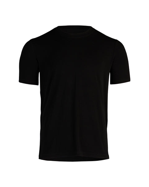 Camiseta negra de bambú para hombre mostrada sobre un fondo neutro, estilo de manga corta.