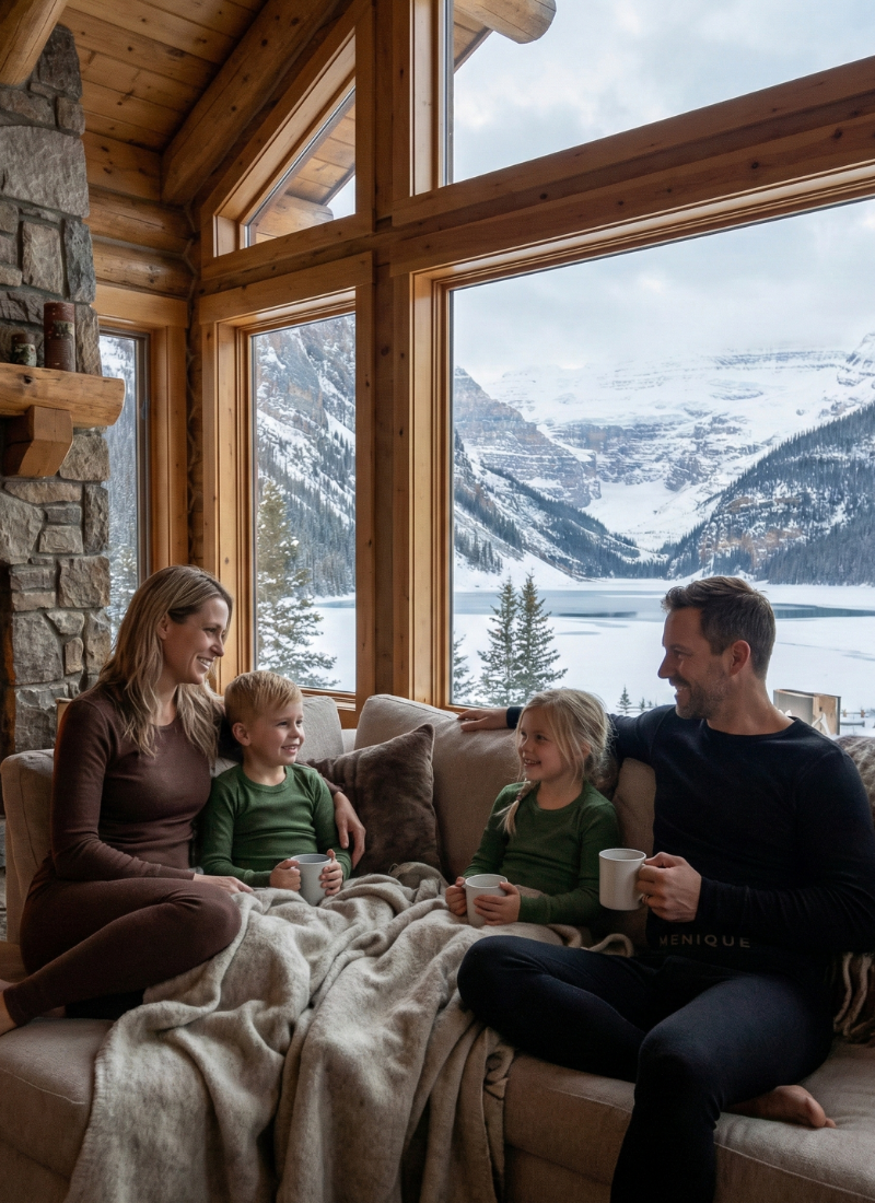 Family relaxing on a sofa in a mountain cabin, wearing merino wool base and mid layers, enjoying hot drinks by a fireplace with snowy alpine scenery outside the window.