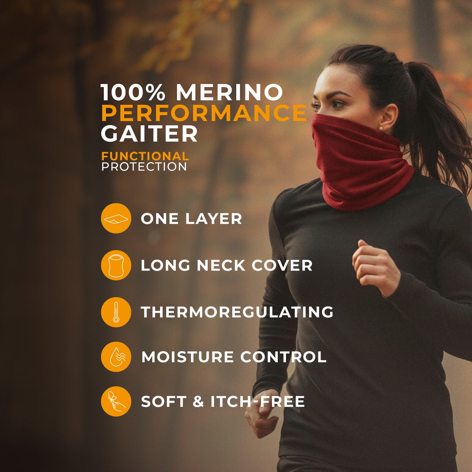 Woman wearing royal cherry merino wool long neck gaiter while hiking in the mountains, breathable windproof face cover for outdoor trekking