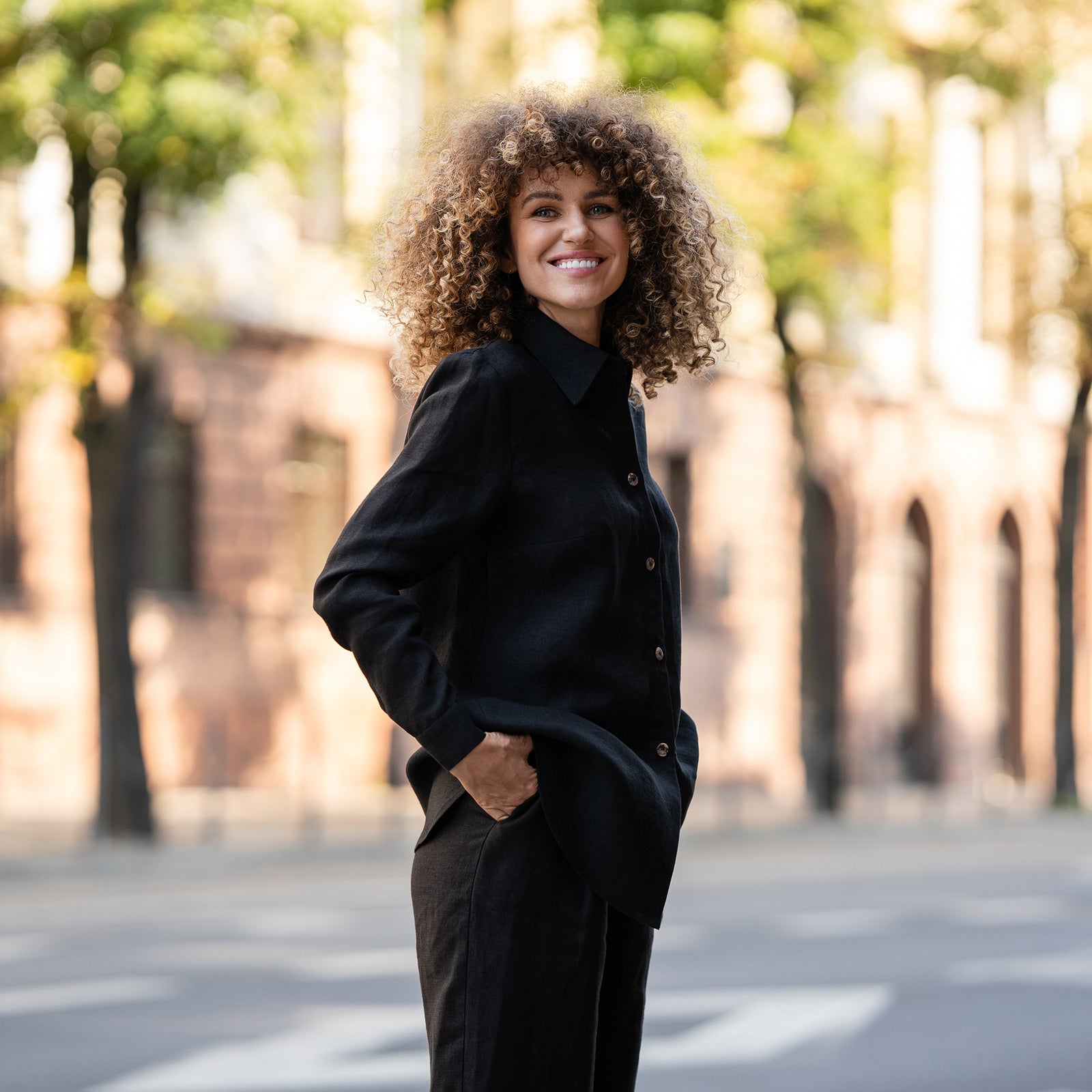 Camisa de lino y pantalones anchos conjunto de 2 piezas en negro puro