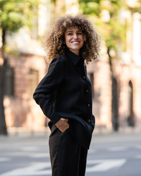 Camisa de lino y pantalones anchos conjunto de 2 piezas en negro puro