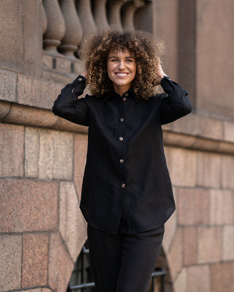 Camisa de lino y pantalones anchos conjunto de 2 piezas en negro puro