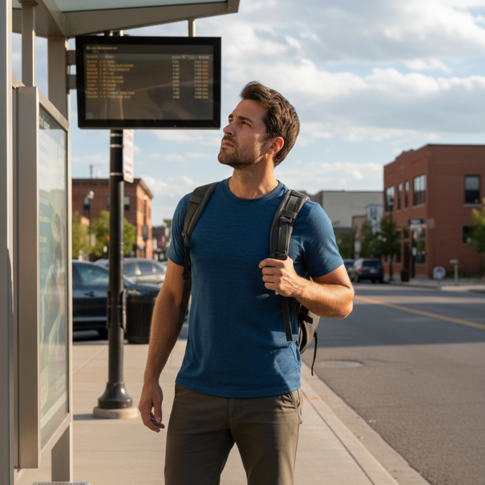 A man standing in a busy airport terminal, looking off to the side. He is wearing a dark green short-sleeved t-shirt and dark pants. He holds the handle of a grey rolling suitcase with one hand and a passport with a boarding pass in the other. The background features a large digital "DEPARTURES" flight board, a "DUTY FREE" shop sign, and blurred figures of other travelers with luggage.